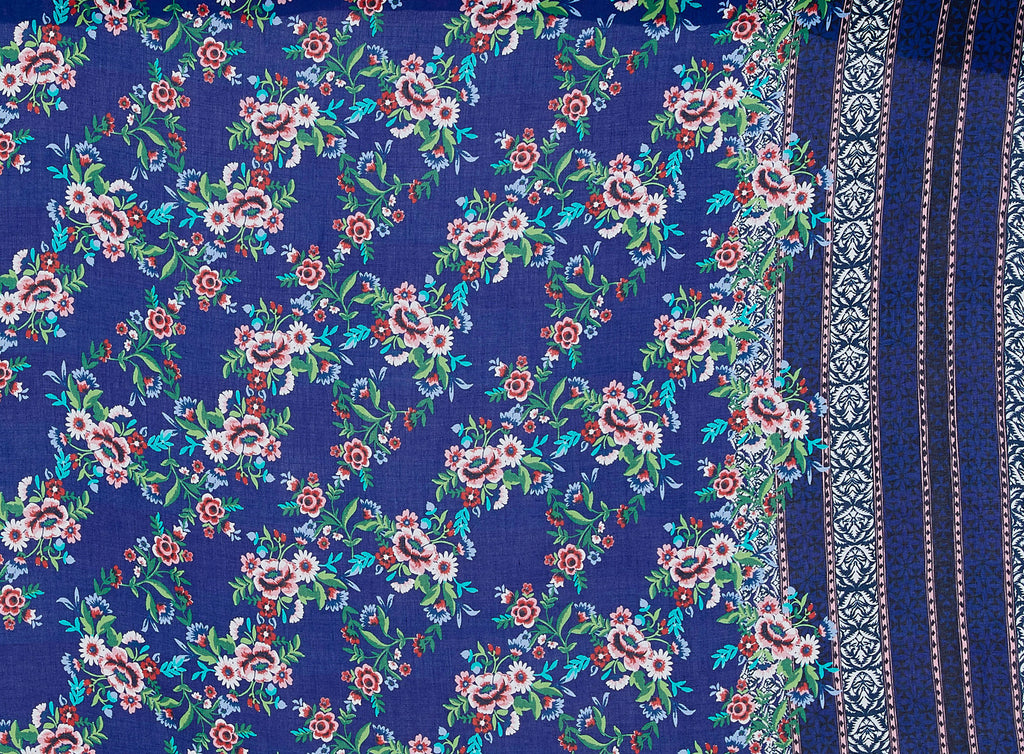 487 ROYAL/CORAL | ZW1612M-2-8901 - "MARIELLA" FLORAL BORDER ON CHALLIS - Zelouf Fabrics