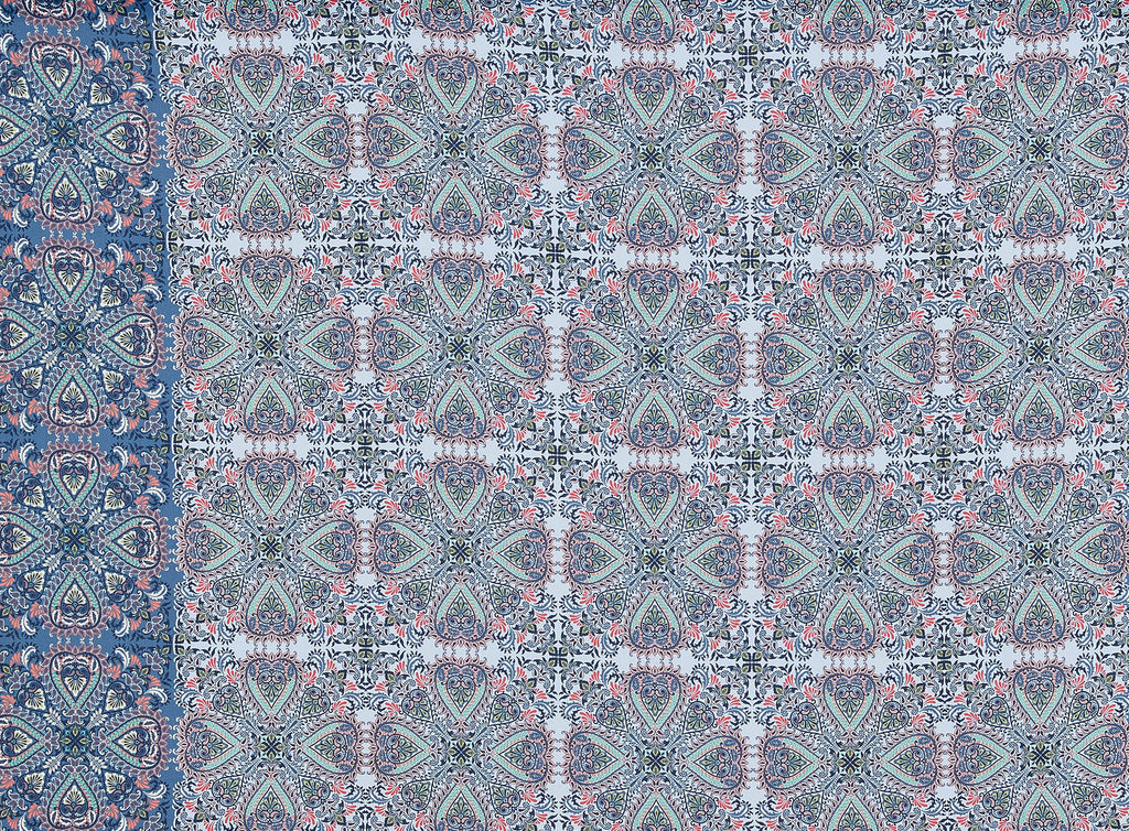 487 SLATE/CORAL | ZW1701X-1323 - "WONDERLAND" PAISLEY BORDER ON BELLE CREPE - Zelouf Fabrics